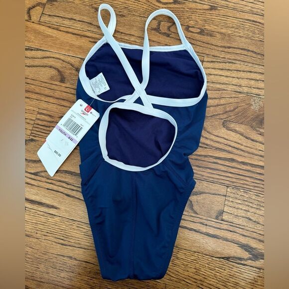 NWT New SPEEDO Solid Endurance+ Flyback Racing Swimsuit Navy White Trim 22 - Picture 4 of 6